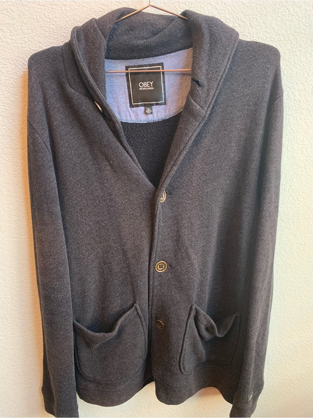Obey Men’s Dark Charcoal Hooded Button Cardigan